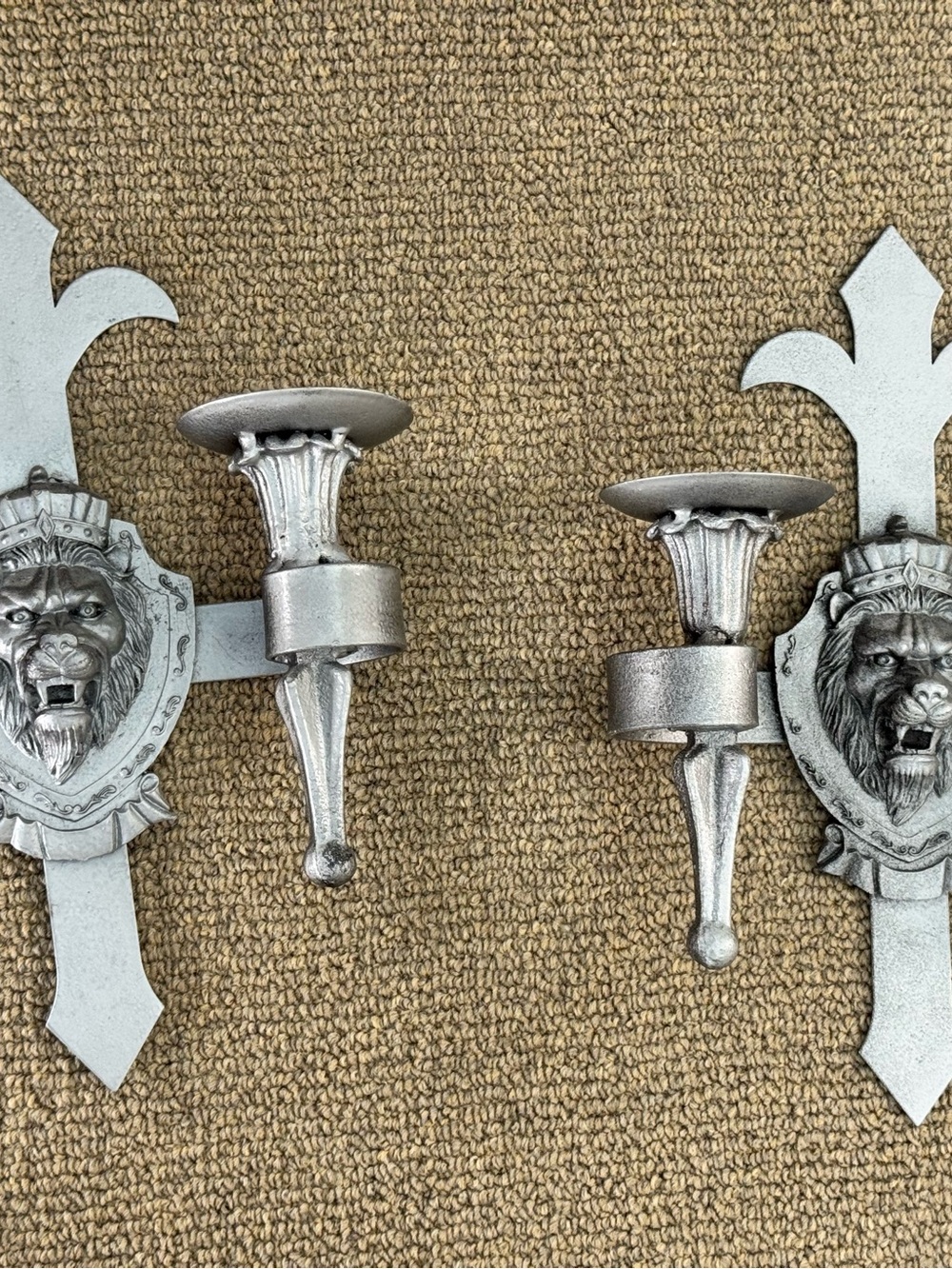 2 Silver Lion Head Wall Sconce Pair - Decorative Metal Candle Holders